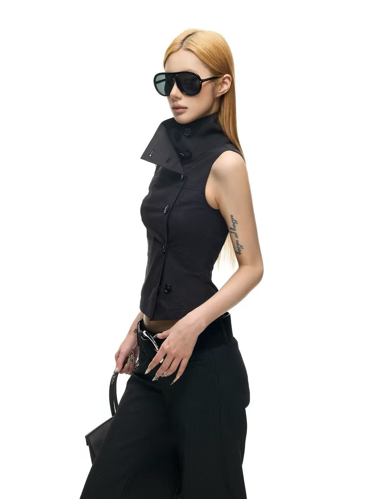 Asymmetric Collar Vest — black sleeveless vest with folded stand collar