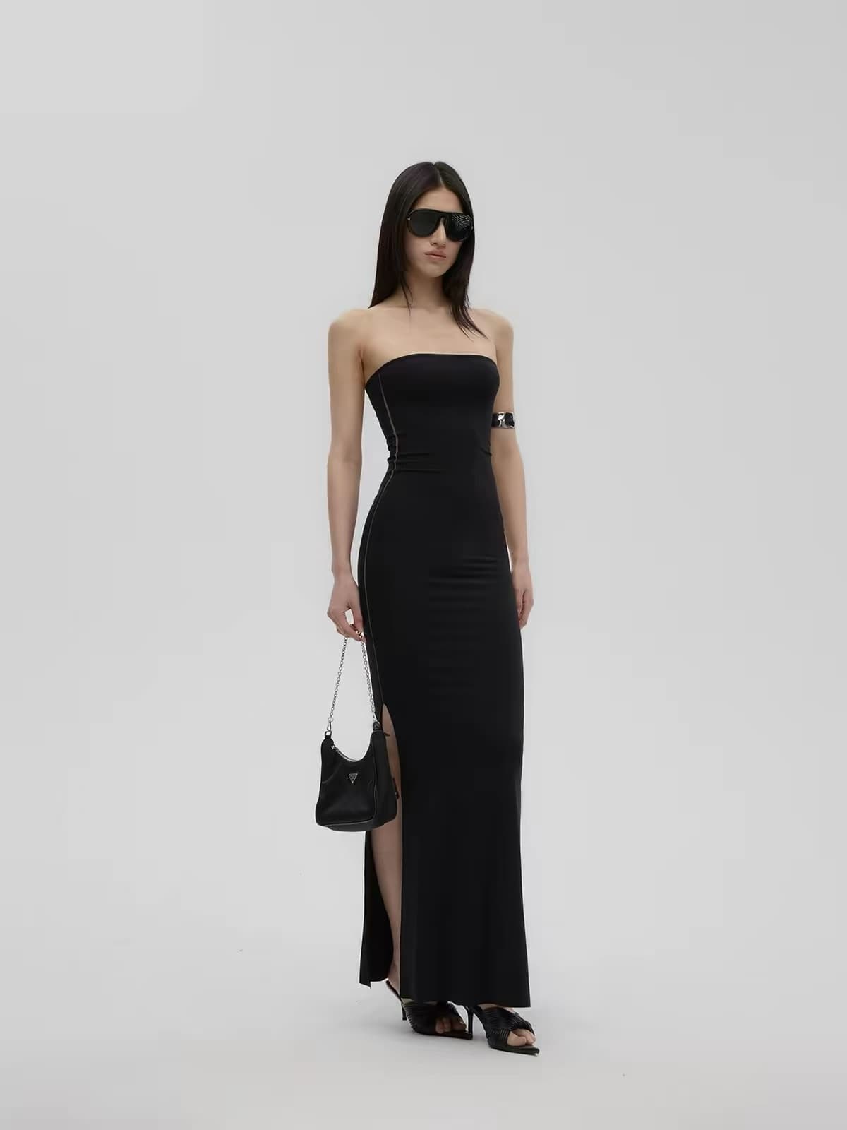 Strapless Slit Column — black floor-length strapless dress with side slit